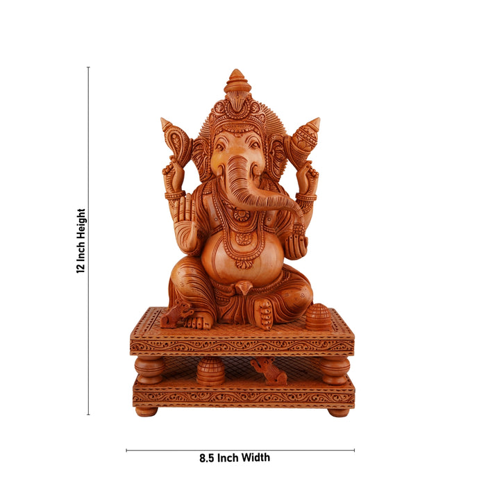 Ganesh Murti Sitting On Double Chowki - 12 x 8.5 Inches | Wooden Statue/ Ganpati Murti/ Vinayaka Statue for Pooja - Wooden Murties