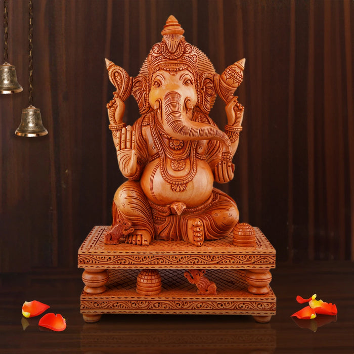Ganesh Murti Sitting On Double Chowki - 12 x 8.5 Inches | Wooden Statue/ Ganpati Murti/ Vinayaka Statue for Pooja - Wooden Murties