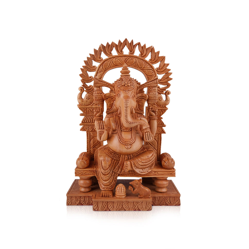 Ganesh Murti With Arch - 12 x 8 Inches | Wooden Statue/ Ganpati Murti/ Vinayaka Statue Sitting On Chowki for Pooja