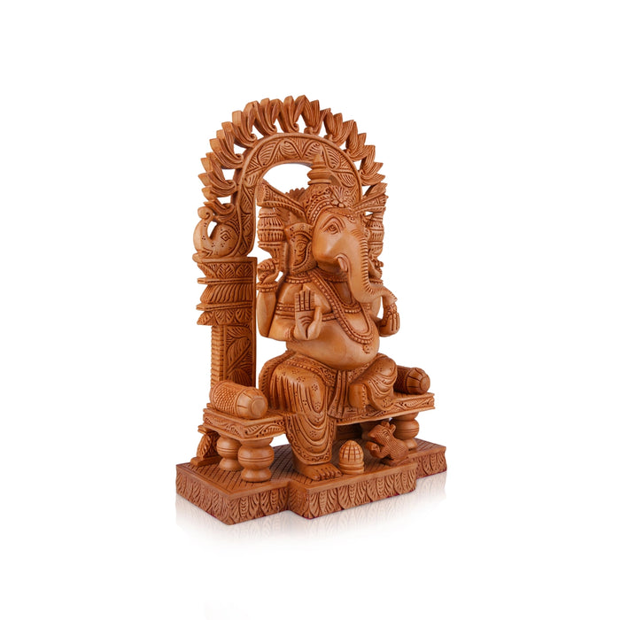 Ganesh Murti With Arch - 12 x 8 Inches | Wooden Statue/ Ganpati Murti/ Vinayaka Statue Sitting On Chowki for Pooja