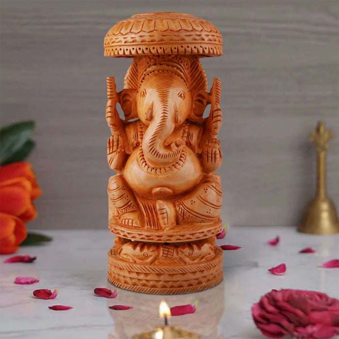 Chatri Ganesh Murti - 8 x 4 Inches | Wooden Statue/ Ganpati Murti/ Vinayaka Statue for Pooja - Wooden Murties