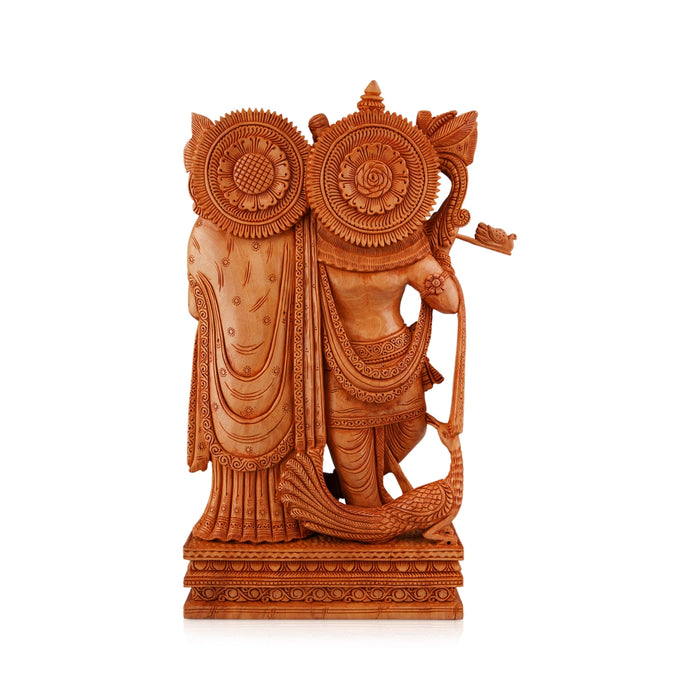Radha Krishna Murti - 12 x 7 Inches | Wooden Statue/ Radha Krishna Idol Standing On Chowki for Pooja - Wooden Murties
