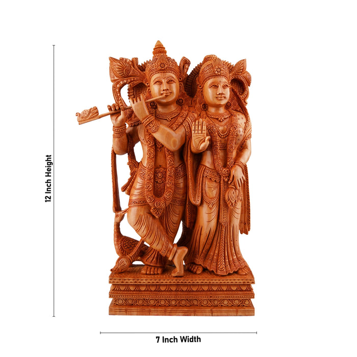Radha Krishna Murti - 12 x 7 Inches | Wooden Statue/ Radha Krishna Idol Standing On Chowki for Pooja - Wooden Murties