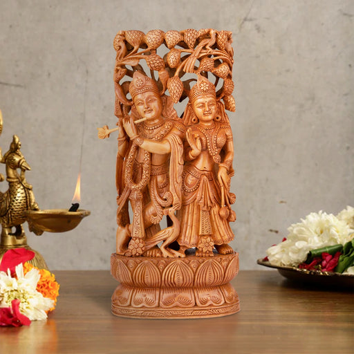 Radha Krishna Murti - 15 x 7 Inches | Wooden Statue/ Radha Krishna Idol Standing Under Tree for Pooja - Wooden Murties