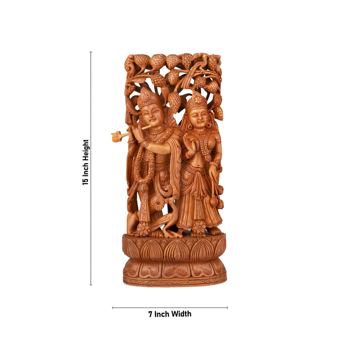 Radha Krishna Murti - 15 x 7 Inches | Wooden Statue/ Radha Krishna Idol Standing Under Tree for Pooja - Wooden Murties