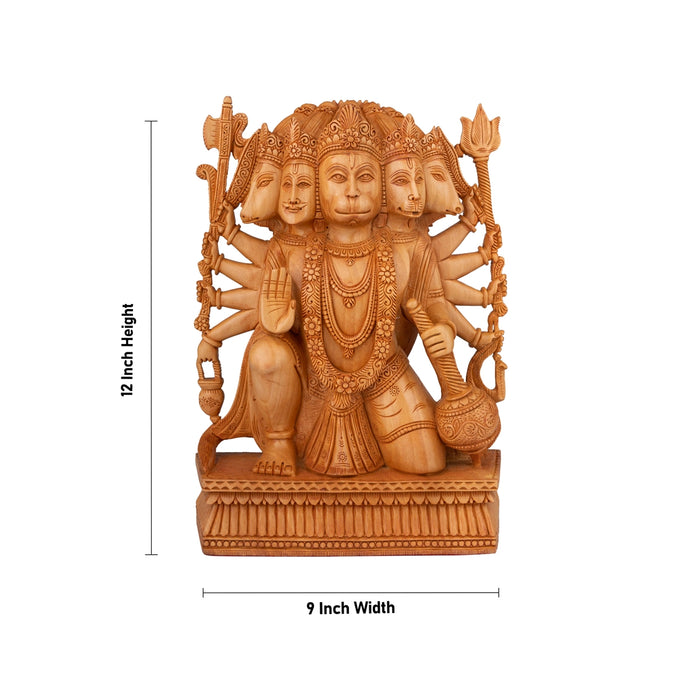 Panchmukhi Hanuman Statue - 12 x 9 Inches | Wooden Statue/ Panchamukhi Hanuman Murti for Pooja/ 1.345 Kgs - Wooden Murties