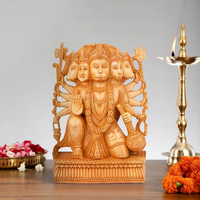 Panchmukhi Hanuman Statue - 12 x 9 Inches | Wooden Statue/ Panchamukhi Hanuman Murti for Pooja/ 1.345 Kgs - Wooden Murties