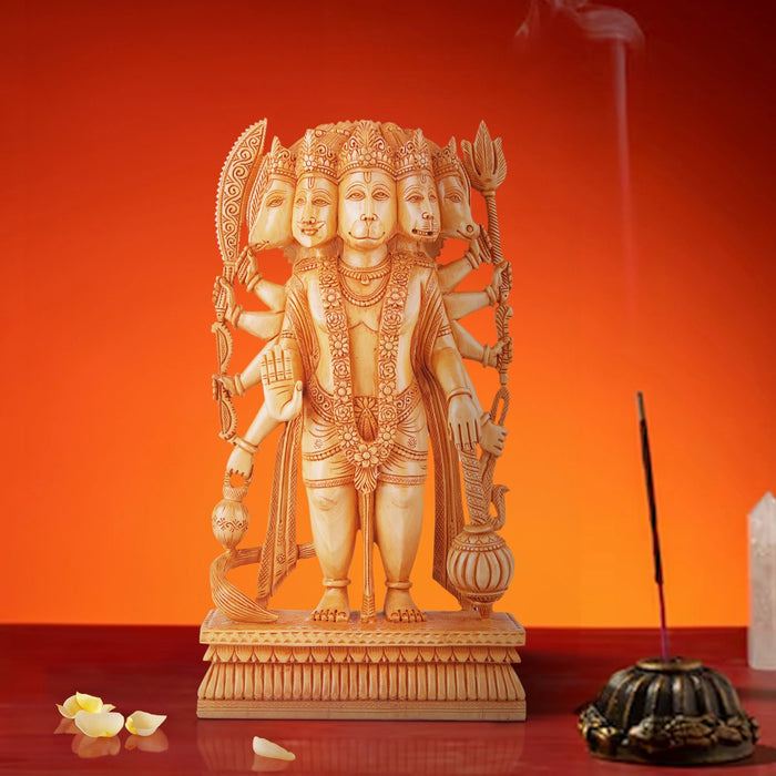 Panchmukhi Hanuman Statue - 12 x 6 Inches | Wooden Statue/ Standing Panchamukhi Hanuman Murti for Pooja - Wooden Murties