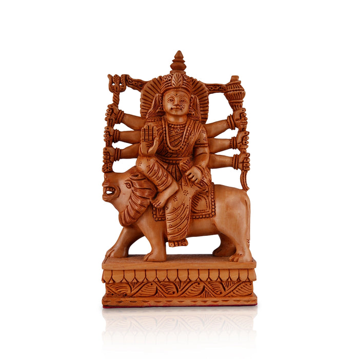 Durga Murti Sitting On Lion - 8 x 5 Inches | Wooden Statue/ Durga Idol/ Durga Statue for Pooja - Wooden Murties