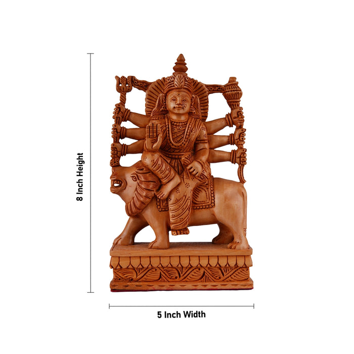 Durga Murti Sitting On Lion - 8 x 5 Inches | Wooden Statue/ Durga Idol/ Durga Statue for Pooja - Wooden Murties