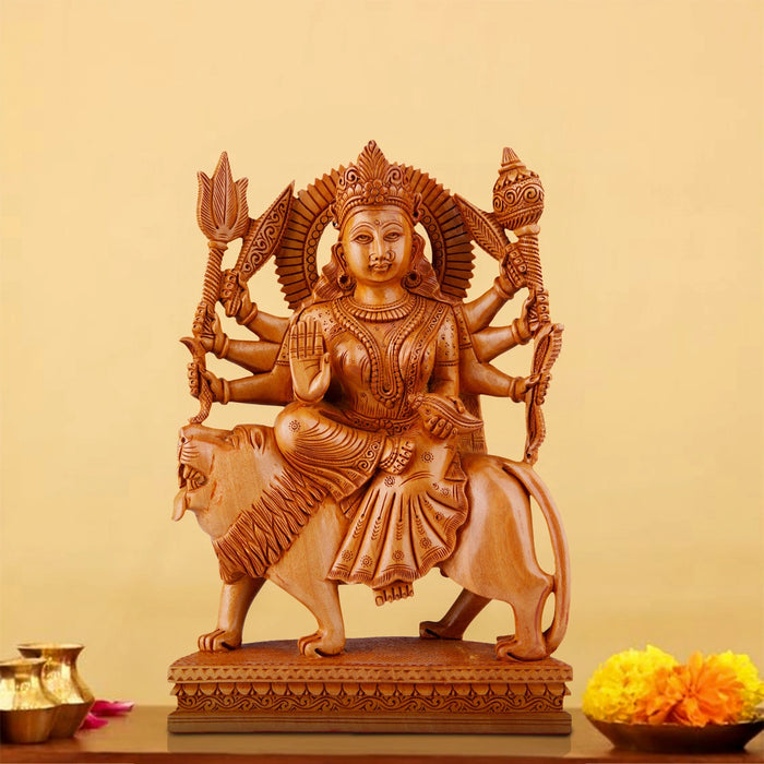 Durga Murti - 12 x 7 Inches | Wooden Statue/ Sitting Durga Mata for Pooja