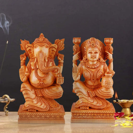 Laxmi Ganesh Murti Pair - 8 x 4.5 Inches | Wooden Statue/ Lakshmi Ganesh Murti/ Ganesh Lakshmi Idol for Pooja - Wooden Murties