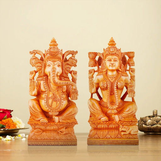Laxmi Ganesh Murti Pair - 12 x 6 Inches | Sitting Lakshmi Ganesh Idol/ Wooden Statue/ Ganesh Lakshmi Murti for Pooja - Wooden Murties