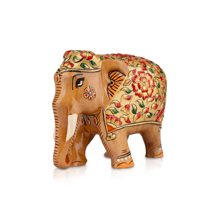 Painted Elephant Statue - 2.5 x 3.5 Inches | Wooden Statue/ Elephant Sculpture/ Elephant Idol for Home Decor - Table Stand Accessories