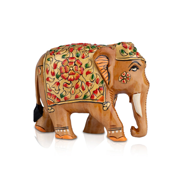 Painted Elephant Statue - 4 x 5 Inches | Wooden Statue/ Elephant Sculpture/ Elephant Idol for Home Decor - Table Stand Accessories