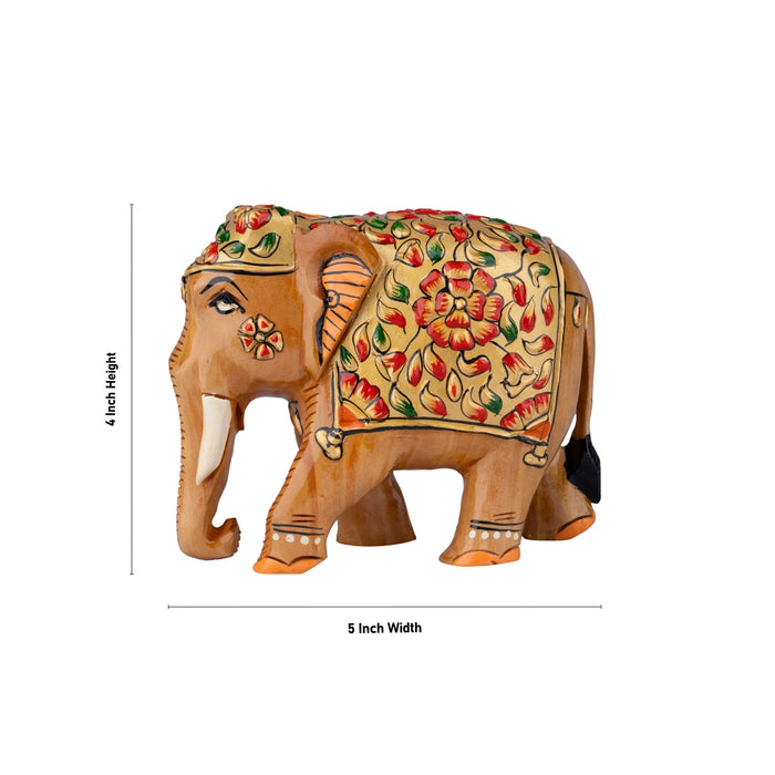 Painted Elephant Statue - 4 x 5 Inches | Wooden Statue/ Elephant Sculpture/ Elephant Idol for Home Decor - Table Stand Accessories