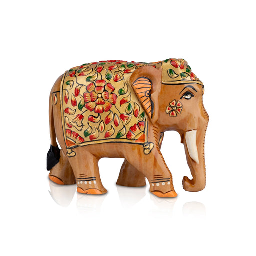 Painted Elephant Statue - 5 x 6 Inches | Wooden Statue/ Elephant Sculpture/ Elephant Idol for Home Decor - Table Stand Accessories
