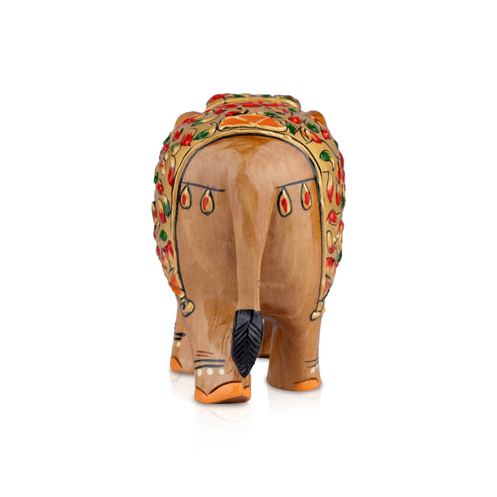 Painted Elephant Statue - 5 x 6 Inches | Wooden Statue/ Elephant Sculpture/ Elephant Idol for Home Decor - Table Stand Accessories