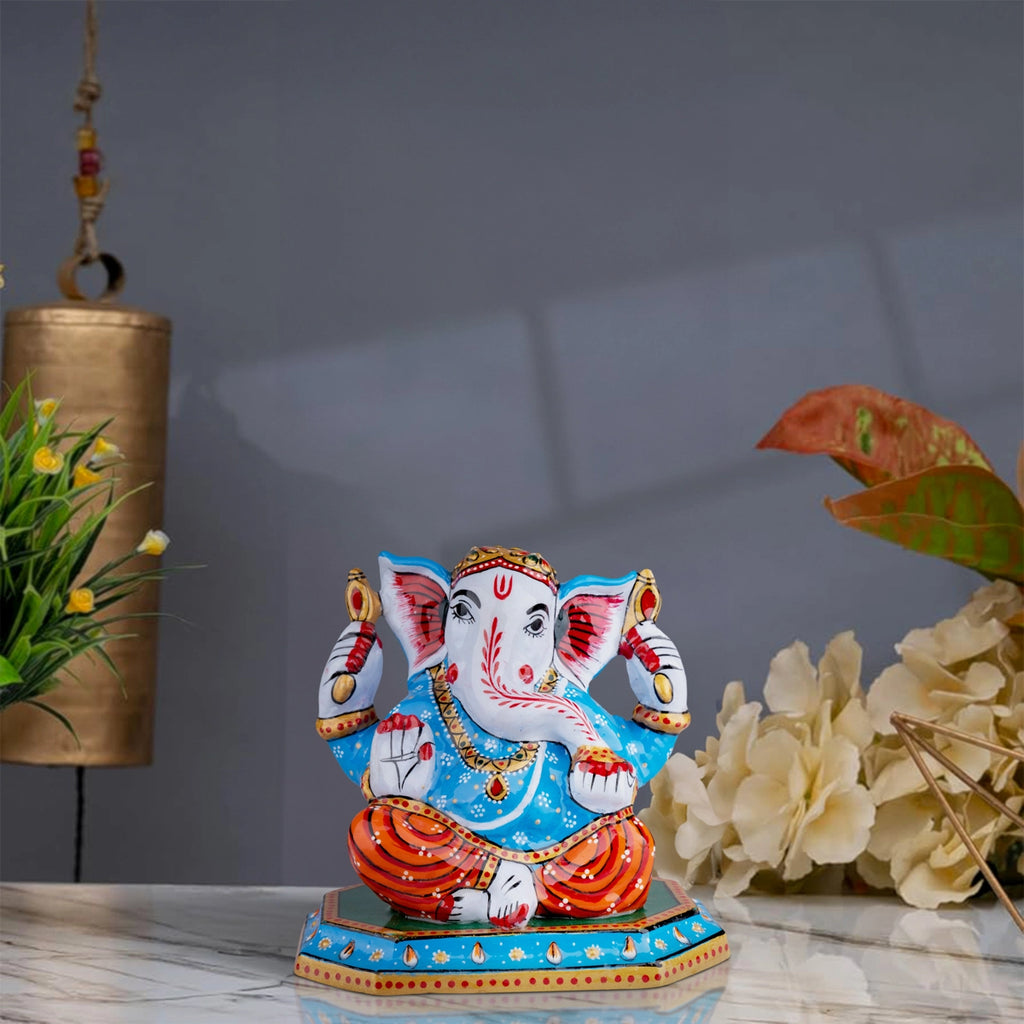 Ganesh Murti - 5 x 5 Inches | Aluminium Vinayagar Statue Sitting On Chowki/ Painted Ganpati Murti for Pooja