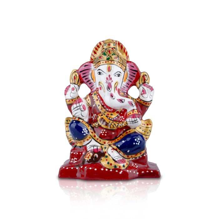 Ganesh Murti - 4 x 2.75 Inches | Aluminium Vinayagar Statue Sitting On Chowki/ Painted Ganpati Murti for Pooja - Aluminium Murties