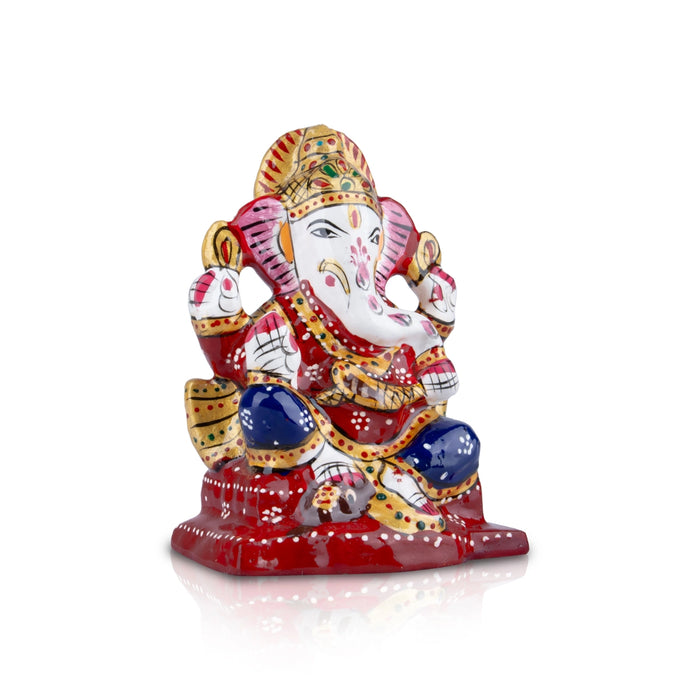 Ganesh Murti - 4 x 2.75 Inches | Aluminium Vinayagar Statue Sitting On Chowki/ Painted Ganpati Murti for Pooja - Aluminium Murties