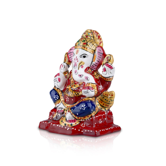 Ganesh Murti - 4 x 2.75 Inches | Aluminium Vinayagar Statue Sitting On Chowki/ Painted Ganpati Murti for Pooja - Aluminium Murties