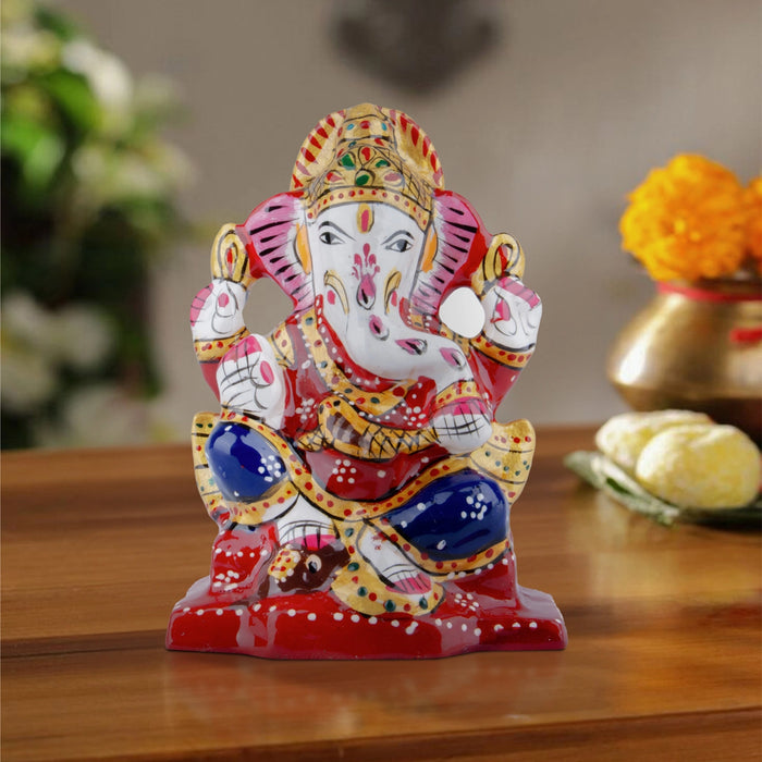 Ganesh Murti - 4 x 2.75 Inches | Aluminium Vinayagar Statue Sitting On Chowki/ Painted Ganpati Murti for Pooja