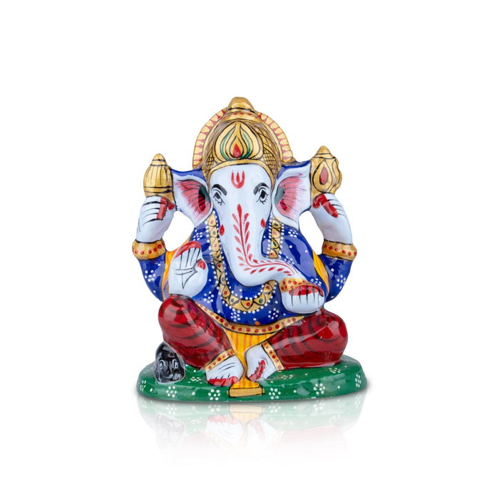 Ganesh Murti - 4 x 3.25 Inches | Aluminium Vinayagar Statue/ Sitting Ganesha Statue/ Painted Ganpati Murti for Pooja - Aluminium Murties