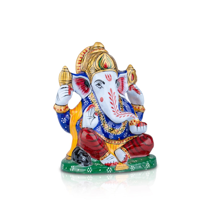 Ganesh Murti - 4 x 3.25 Inches | Aluminium Vinayagar Statue/ Sitting Ganesha Statue/ Painted Ganpati Murti for Pooja - Aluminium Murties