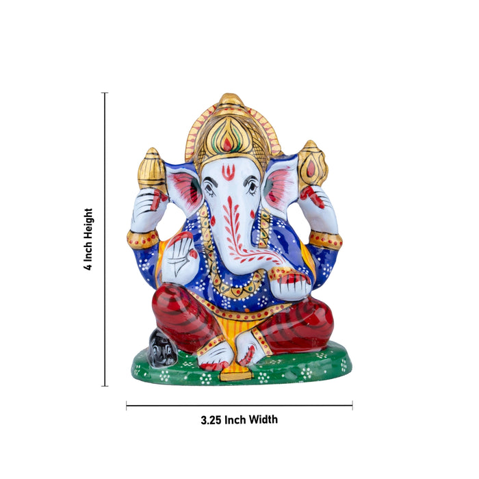 Ganesh Murti - 4 x 3.25 Inches | Aluminium Vinayagar Statue/ Sitting Ganesha Statue/ Painted Ganpati Murti for Pooja - Aluminium Murties