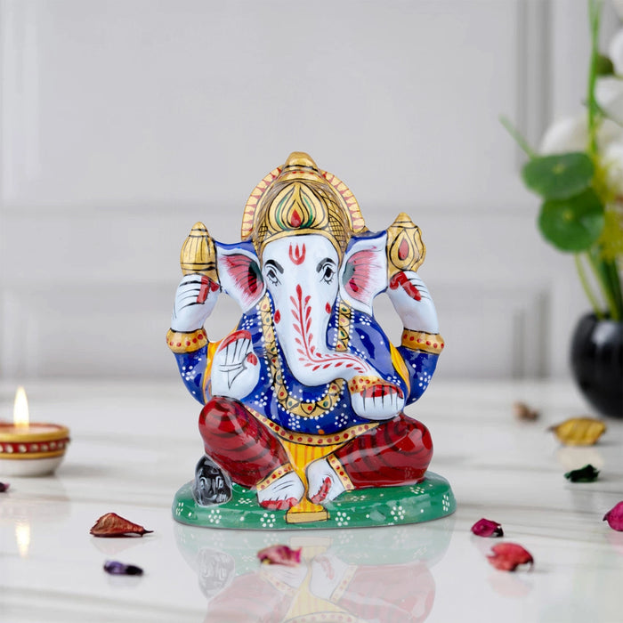 Ganesh Murti - 4 x 3.25 Inches | Aluminium Vinayagar Statue/ Sitting Ganesha Statue/ Painted Ganpati Murti for Pooja