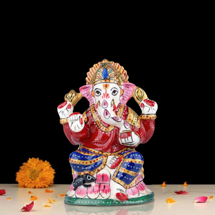 Ganesh Murti - 4 x 3 Inches | Aluminium Vinayagar Statue/ Sitting Ganesha Statue/ Painted Ganpati Murti for Pooja