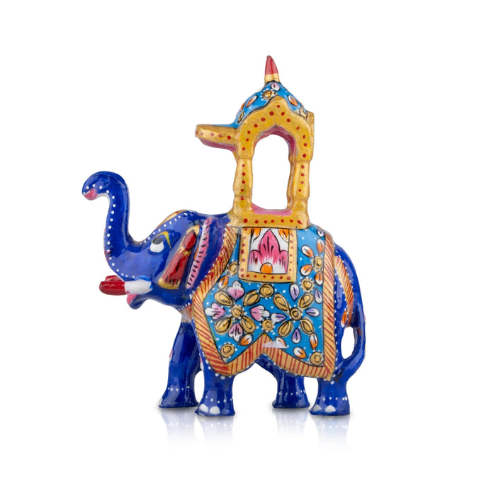 Elephant Statue - 4 x 4.5 Inches | Aluminium Ambari Elephant/ Painted Elephant Sculpture for Home Decor - Table Stand Accessories