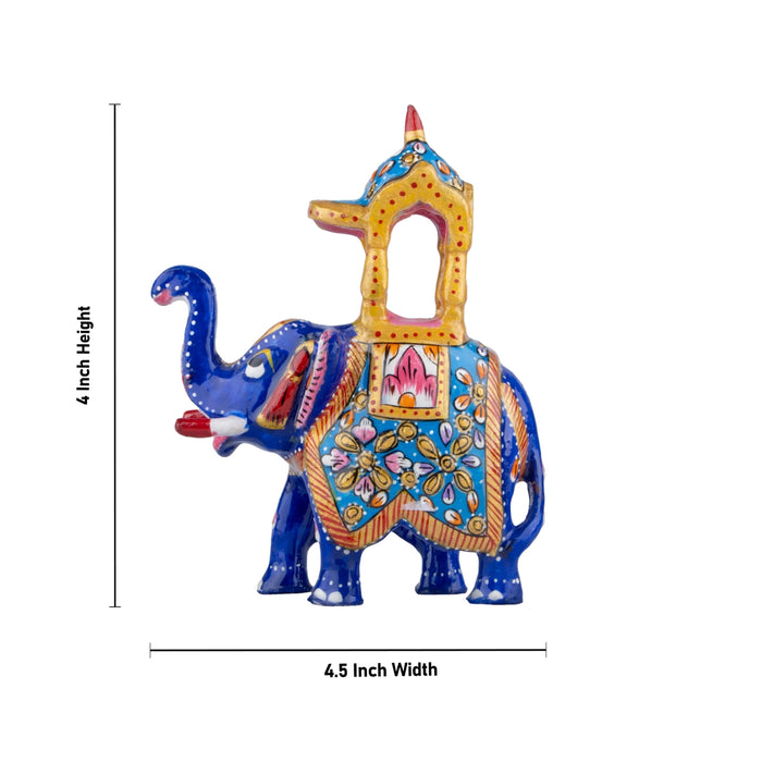 Elephant Statue - 4 x 4.5 Inches | Aluminium Ambari Elephant/ Painted Elephant Sculpture for Home Decor - Table Stand Accessories