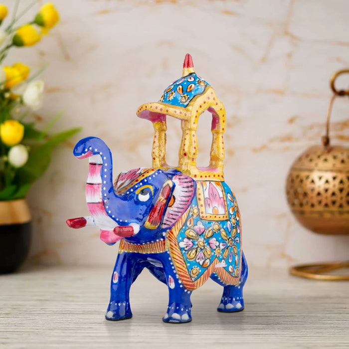 Elephant Statue - 4 x 4.5 Inches | Aluminium Ambari Elephant/ Painted Elephant Sculpture for Home Decor