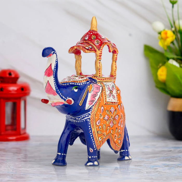 Elephant Statue - 5 x 4 Inches | Aluminium Ambari Elephant/ Painted Elephant Sculpture for Home Decor