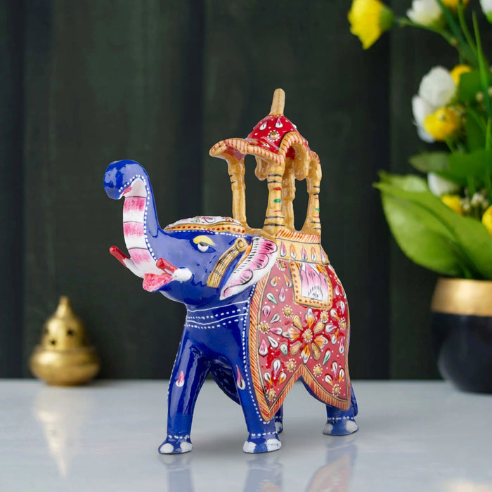 Elephant Statue - 6 x 6 Inches | Aluminium Ambari Elephant/ Painted Elephant Sculpture for Home Decor