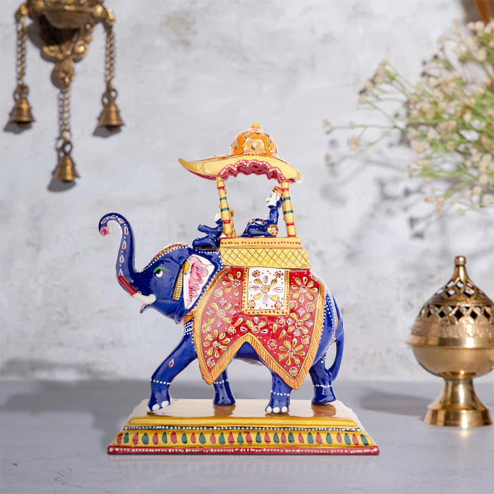 Elephant Statue - 8 x 7.5 Inches | Aluminium Ambari Elephant/ Painted Elephant Sculpture for Home Decor