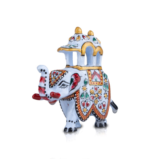 Elephant Statue - 3 x 3.5 Inches | Aluminium White Ambari Elephant/ Painted Elephant Sculpture for Home Decor - Table Stand Accessories
