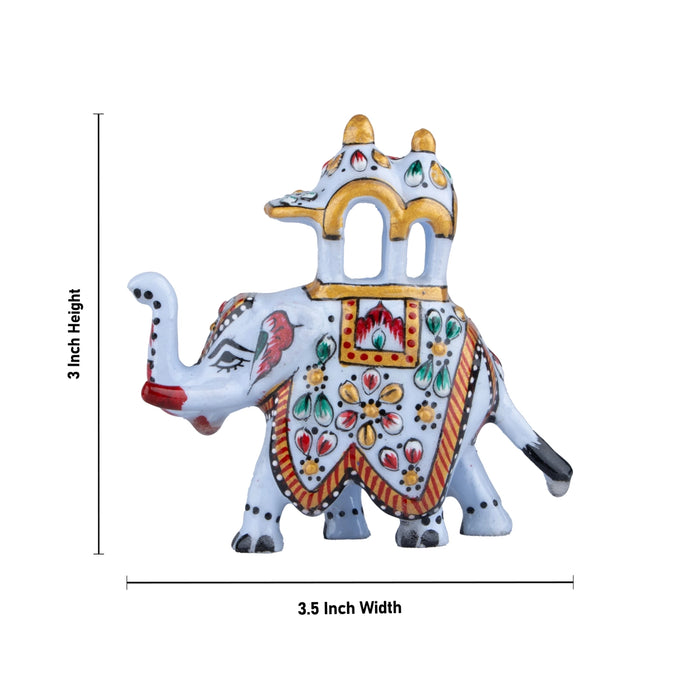 Elephant Statue - 3 x 3.5 Inches | Aluminium White Ambari Elephant/ Painted Elephant Sculpture for Home Decor - Table Stand Accessories
