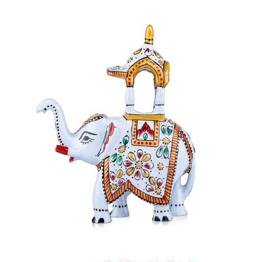 Elephant Statue - 4 x 4 Inches | Aluminium White Ambari Elephant/ Painted Elephant Sculpture for Home Decor - Table Stand Accessories