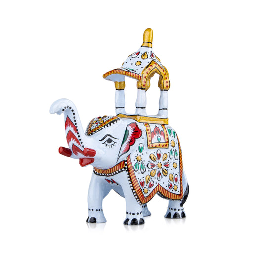 Elephant Statue - 4 x 4 Inches | Aluminium White Ambari Elephant/ Painted Elephant Sculpture for Home Decor - Table Stand Accessories