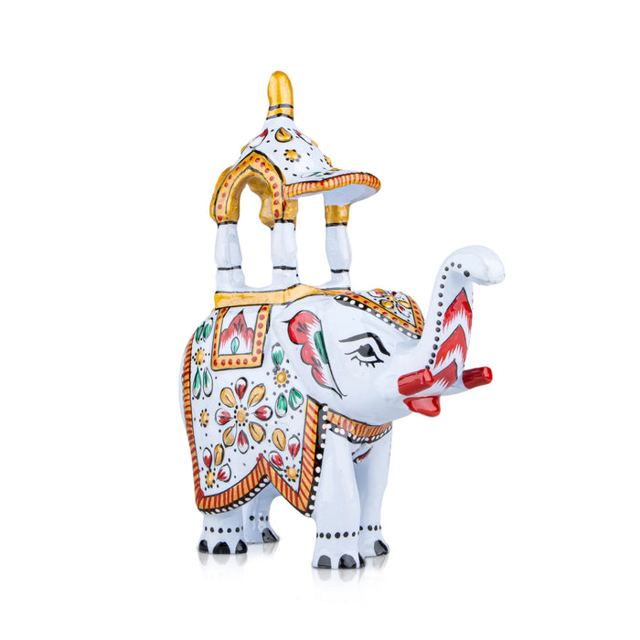 Elephant Statue - 4 x 4 Inches | Aluminium White Ambari Elephant/ Painted Elephant Sculpture for Home Decor - Table Stand Accessories