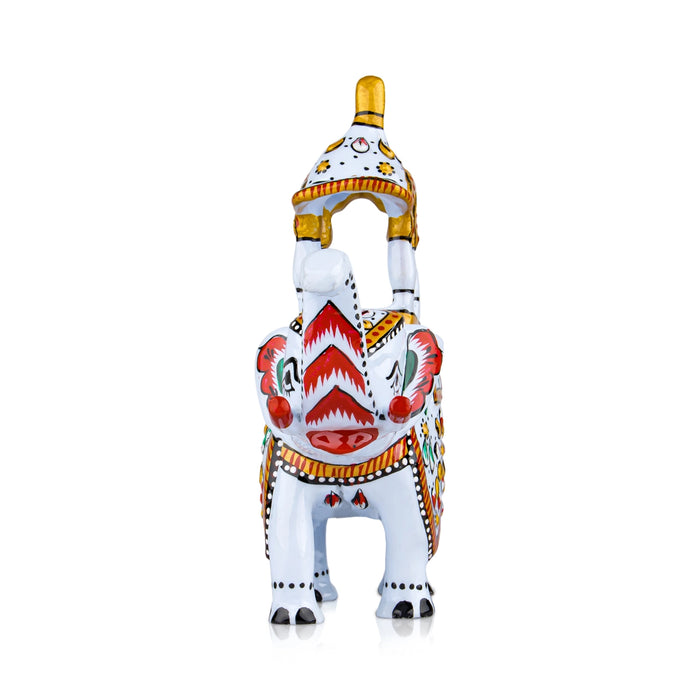 Elephant Statue - 4 x 4 Inches | Aluminium White Ambari Elephant/ Painted Elephant Sculpture for Home Decor - Table Stand Accessories