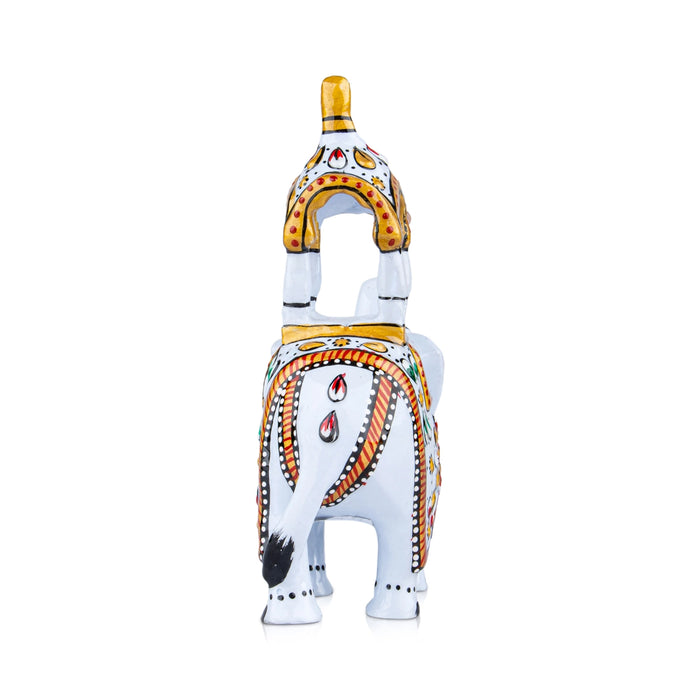 Elephant Statue - 4 x 4 Inches | Aluminium White Ambari Elephant/ Painted Elephant Sculpture for Home Decor - Table Stand Accessories