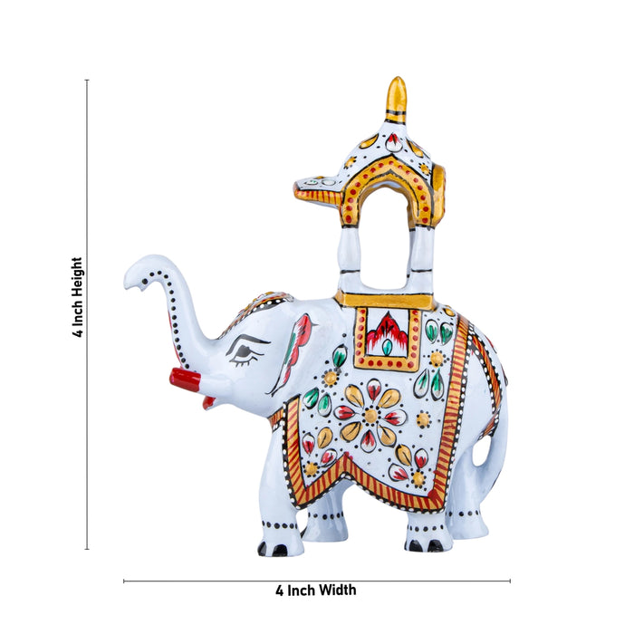 Elephant Statue - 4 x 4 Inches | Aluminium White Ambari Elephant/ Painted Elephant Sculpture for Home Decor - Table Stand Accessories