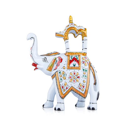 Elephant Statue - 5 x 4.5 Inches | Aluminium White Ambari Elephant/ Painted Elephant Sculpture for Home Decor - Table Stand Accessories