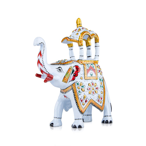 Elephant Statue - 5 x 4.5 Inches | Aluminium White Ambari Elephant/ Painted Elephant Sculpture for Home Decor - Table Stand Accessories