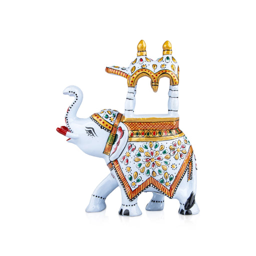 Elephant Statue - 6 x 5.5 Inches | Aluminium White Ambari Elephant/ Painted Elephant Sculpture for Home Decor - Table Stand Accessories