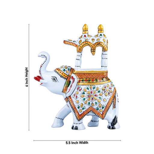 Elephant Statue - 6 x 5.5 Inches | Aluminium White Ambari Elephant/ Painted Elephant Sculpture for Home Decor - Table Stand Accessories